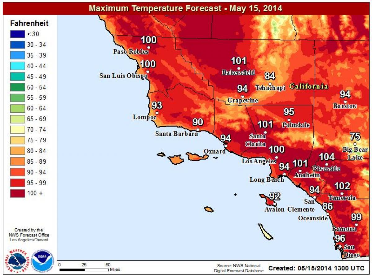 Los Angeles TemperaturKarte Karte von Los Angeles Temperatur